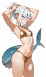 1girl absurdres alternate_costume alternate_hairstyle armpits arms_up bare_legs bikini blue_eyes blue_hair blue_tail blunt_bangs breasts commentary cowboy_shot dripping english_commentary fins fish_tail gawr_gura gold_bikini golden_week grey_hair hand_in_own_hair highres hololive hololive_english looking_down me_o_wy multicolored_hair navel ponytail shark_girl shark_tail sideboob sidelocks simple_background small_breasts solo stomach streaked_hair swimsuit tail tying_hair virtual_youtuber wet white_background