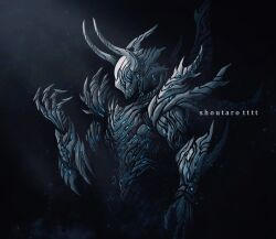 armor artist_name black_background character_name claws english_text horns monster no_humans original shoutarou_(shoutarotttt) solo
