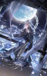 Rule 34 | 1girl, animal, animal print, architecture, artist request, bird, bird print, black capelet, black hanfu, bud, capelet, cherry blossoms, chinese clothes, chinese hairpin, crescent halo, east asian architecture, facial mark, floral print, flower, forehead, forehead mark, fringe trim, full body, full moon, game cg, grey hair, hair bun, hair flower, hair ornament, half updo, halo, halo behind head, hanfu, highres, holding, holding animal, holding rabbit, layered sleeves, light particles, lipstick, long hair, long sidelocks, long sleeves, makeup, mandarin collar, moon, moonset (shining nikki), night, night sky, nikki (series), official art, parted lips, peacock feathers, petals, phoenix, pink lips, qingyue (shining nikki), rabbit, shining nikki, sidelocks, single hair bun, sky, sleeves past wrists, smoke, solo, standing, star (sky), starry sky, tiara, tile floor, tiles, very long hair, white flower, white halo, white rabbit (animal), wide sleeves, worried, yellow eyes