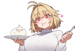 1girl absurdres arcueid_brunestud blonde_hair blush blush_stickers breasts eating ebora food highres large_breasts long_sleeves looking_at_viewer plate red_eyes short_hair solo sweater tsukihime turtleneck turtleneck_sweater white_sweater