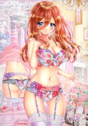 absurdres ass besanten blue_eyes blush bottle bouquet bra breasts brown_hair butt_crack cleavage closed_mouth collarbone commentary_request floral_print_bra floral_print_panties flower frilled_thighhighs frills garter_belt go-toubun_no_hanayome hair_between_eyes hand_on_own_chest hand_up highres indoors large_breasts lingerie long_hair long_hair_between_eyes looking_at_viewer mirror nakano_miku panties perfume_bottle pink_thighhighs print_bra print_panties reflection signature standing thighhighs traditional_media underwear underwear_only wardrobe