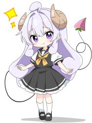 1girl ahoge black_sailor_collar black_shirt black_shoes black_skirt blush brown_horns closed_mouth commentary_request curled_horns curly_hair demon_girl demon_tail frilled_skirt frills full_body highres horns kotatsu-mazoku lilith_(machikado_mazoku) lilith_(machikado_mazoku)_(homunculus) long_hair looking_at_viewer machikado_mazoku mary_janes neckerchief pleated_skirt purple_eyes purple_hair sailor_collar school_uniform serafuku shirt shoes short_sleeves sidelocks simple_background skirt smile socks solo sparkle standing tail very_long_hair white_background white_socks yellow_neckerchief