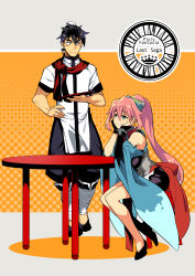 1boy 1girl asymmetrical_gloves black_gloves black_hair black_shoes blue_eyes chair gloves hakobe_(pixiv_fantasia_last_saga) holding holding_tray light_frown mismatched_gloves pink_hair pixiv_fantasia pixiv_fantasia_last_saga renmin_(pixiv_fantasia_last_saga) shoes short_sleeves sitting table tray tsukinami_kousuke waiter wide_sleeves