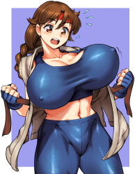 1girl absurdres blue_leggings blue_pants blue_sports_bra blush bouncing_breasts braid braided_ponytail breasts brown_eyes brown_hair cleavage covered_erect_nipples curvy dougi female_focus fingerless_gloves gloves headband highres huge_breasts jiggle kaga_kasama leggings martial_arts_belt midriff navel nipples open_clothes open_mouth pale_skin pants ponytail red_headband seamed_legwear shiny_clothes single_braid solo spandex sports_bra surprised the_king_of_fighters tight_clothes undressing yoga_pants yuri_sakazaki