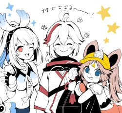 1boy 2girls :p ahoge animal_ears antenna_hair arm_hug bandaged_arm bandages bare_shoulders black_hairband black_kimono black_scarf black_sleeves blue_trim blunt_bangs bow braid closed_eyes crop_top double-parted_bangs flower flower_knot genshin_impact hair_between_eyes hairband highres hug jagabokkuru japanese_clothes kachina_(genshin_impact) kaedehara_kazuha kimono layered_clothes layered_kimono layered_sleeves light_blush looking_at_viewer midriff mittens mualani_(genshin_impact) multicolored_hair multicolored_kimono multiple_girls navel one_eye_closed open_mouth orange_hair parted_bangs ponytail red_hair red_rope red_scarf rope scarf shirt short_ponytail sidelocks smile spaghetti_strap sports_bra standing star_(symbol) streaked_hair tassel teeth tongue tongue_out translation_request twin_braids two-tone_kimono upper_teeth_only white_bow white_hair white_kimono white_shirt white_sleeves