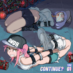 2girls absurdres arms_behind_back asahina_yoko bare_shoulders bdsm belt blue_eyes blue_jacket bomb bondage boots bound bound_arms bound_legs bruise bruise_on_arm bruise_on_knee bruise_on_leg cape clenched_teeth clothes_lift crop_top crying crying_with_eyes_open cuffs explosive handcuffs highres hogtie injury jacket jacket_lift looking_at_viewer looking_up loose_socks lying medium_hair midriff_peek multiple_girls mush navel nitro_express on_back on_stomach pink_hair pixel_art purple_hair restrained shibari shibari_over_clothes side_ponytail sidelocks socks stomach tears teeth white_socks yagyo_tamaki yellow_eyes