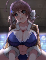1girl @_@ absurdres ahoge blue_bra blue_panties blush bra breasts brown_hair ceiling chougei_(kancolle) cleavage collarbone commentary_request embarrassed grey_eyes hair_ornament hair_ribbon highres kantai_collection large_breasts long_hair looking_at_viewer navel open_clothes open_mouth open_shirt orange_shirt panties pov ribbon shigatsu_(soratobuusagi) shirt sidelocks solo sweat thighs underwear wavy_mouth