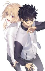1boy 1girl absurdres antenna_hair arcueid_brunestud black-framed_eyewear black_eyes black_hair black_pants black_pantyhose black_skirt blonde_hair commentary_request glasses hair_between_eyes highres jacket long_sleeves looking_at_another looking_at_viewer looking_to_the_side miniskirt open_clothes open_jacket open_mouth pants pantyhose pocket red_eyes shirt short_hair simple_background skirt smile sweater teeth tohno_shiki tsukihime tsukihime_(remake) tsukudani_(ore624) turtleneck turtleneck_sweater upper_teeth_only white_background white_shirt white_sweater