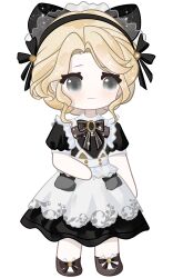 Rule 34 | 1girl, absurdres, apron, bare arms, black boots, black bow, black bowtie, black brooch, black dress, black hairband, blonde hair, boots, bow, bowtie, breezy tea time (infinity nikki), brooch, buttons, closed mouth, deformed, dress, eyelashes, footwear bow, frilled apron, frilled hairband, frills, full body, grey eyes, hair bow, hairband, hand on own stomach, happy, highres, infinity nikki, jewelry, large bow, light blush, light particles, long dress, looking ahead, maid, multiple hair bows, nape braid, nikki (series), pocket, puffy short sleeves, puffy sleeves, short hair, short sleeves, sidelocks, simple background, smile, socks, solo, sparkle, standing, wavy hair, white apron, white background, white socks, zhizhizhizhizhizong