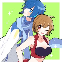 1boy 1girl ahoge black_bra blue_eyes blue_hair blue_scarf border bra breasts brown_hair closed_mouth coat commentary_request crop_top green_background hair_over_one_eye kaito_(vocaloid) large_breasts looking_at_viewer looking_back meiko_(vocaloid) microphone one_eye_closed open_mouth red_eyes red_shirt scarf shirt short_hair simple_background smile sparkle strapless strapless_bra underwear vocaloid white_background white_coat yoshiki