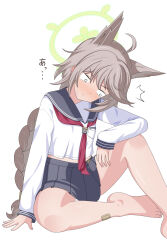 1girl ahoge animal_ears bandaid bandaid_on_leg blue_archive blush braid brown_hair fox_ears fox_girl green_halo halo highres long_braid long_sleeves neckerchief otogi_(blue_archive) pleated_skirt red_neckerchief school_uniform serafuku simple_background sitting skirt youjinbou_(lizardman730)