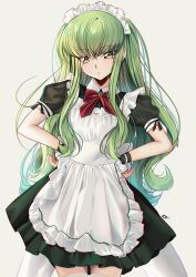 1girl absurdres alternate_costume apron black_dress black_wrist_cuffs blush bow bowtie budgiepon c.c. code_geass commentary_request cowboy_shot dress enmaided frilled_apron frills green_hair grey_background hands_on_own_hips highres long_hair looking_at_viewer maid maid_apron maid_headdress parted_lips puffy_short_sleeves puffy_sleeves red_bow red_bowtie short_sleeves sidelocks simple_background solo thighs very_long_hair wavy_hair white_apron wrist_cuffs yellow_eyes