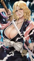 1girl aura bleach blonde_hair blue_eyes blush breasts cleavage cowboy_shot highres holding holding_sword holding_weapon jewelry katana large_breasts magion02 matsumoto_rangiku medium_hair pendant solo sword weapon