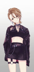1girl absurdres asymmetrical_bangs belt_buckle belt_chain black_jacket black_skirt brown_hair buckle cowboy_shot crop_top ear_piercing earrings hands_in_pockets head_tilt highres idolmaster idolmaster_cinderella_girls idolmaster_cinderella_girls_starlight_stage jacket jewelry kimura_natsuki kumatsuki_(no-kirin) leather leather_jacket looking_at_viewer o-ring_strap piercing skirt smile solo