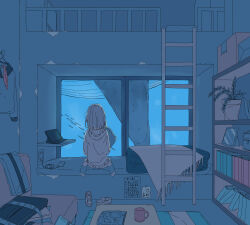 Rule 34 | 1girl, bed, bed sheet, bedroom, blanket, bookshelf, computer, cup, fish, highres, indoors, ladder, laptop, limited palette, medium hair, mug, phone, school uniform, socks, underwater, whale, window