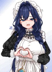 Rule 34 | 1girl, apron, artist name, black dress, blue eyes, blue hair, braid, dress, flying sweatdrops, hair intakes, hair ribbon, hat, heart, heart hands, highres, hololive, hololive english, leopxl, long hair, low twin braids, maid apron, mob cap, open mouth, ouro kronii, ouro kronii (maid), pocket watch, ribbon, solo, twin braids, virtual youtuber, watch, white apron, white ribbon