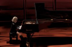 1girl akitaka_takaaki black_footwear blonde_hair boots closed_eyes german_clothes girls&#039;_frontline grand_piano highres historical_connection instrument military military_uniform mp40_(girls&#039;_frontline) music nazi piano playing_instrument playing_piano simple_background thigh_strap
