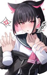 1girl absurdres anger_vein animal_ears black_choker blue_archive blunt_bangs cat_choker cat_ears chin_rub choker colored_inner_animal_ears colored_inner_hair commentary_request disembodied_hand extra_ears fingernails grabbing_another&#039;s_arm green_sailor_collar hair_behind_ear halo hand_on_another&#039;s_chin heart heart-shaped_pupils highres holding_hands hood hooded_jacket interlocked_fingers jacket kazusa_(blue_archive) looking_at_viewer lovestruck multicolored_hair neckerchief oiru_(613) pink_hair pink_halo pink_neckerchief pov pov_hands red_eyes sailor_collar school_uniform serafuku short_hair simple_background sound_effects speech_bubble spoken_anger_vein symbol-shaped_pupils translation_request upper_body v-shaped_eyebrows white_background