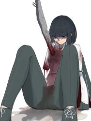 1girl amputee black_gloves black_hair black_shoes blood blood_on_clothes blood_on_face bob_cut clenched_hand collarbone collared_shirt commentary_request gloves heiya_desu highres injury limbus_company long_sleeves pants pee_stain peeing peeing_self project_moon puddle red_eyes ryoshu_(project_moon) shirt shoes short_hair simple_background solo sweat very_sweaty wet wet_clothes wet_pants white_background white_shirt