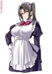 Rule 34 | 1girl, apron, artist name, blush, breasts, brown eyes, commentary, cropped legs, dress, ebifurya, frilled apron, frills, gloves, grey hair, half-closed eyes, hand on own hip, highres, juliet sleeves, kantai collection, large breasts, long hair, long sleeves, looking at viewer, maid apron, maid headdress, nachi (kancolle), one-hour drawing challenge, parted bangs, parted lips, puffy sleeves, side ponytail, sidelocks, simple background, solo, twitter username, white apron, white background, white gloves