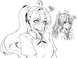 Rule 34 | 1girl, 2015, 2024, aegyo sal, ahoge, arms at sides, artist progress, bow, bowtie, breasts, closed mouth, collarbone, collared shirt, commentary, cross-eyed, double-parted bangs, english commentary, eyelashes, frown, greyscale, hair between eyes, hatching (texture), high ponytail, highres, huge ahoge, lips, long hair, looking at viewer, medium breasts, monochrome, multiple views, original, ponytail, raised eyebrow, sasucchi95, shirt, short sleeves, simple background, sketch, squiggle, upper body, white background