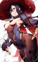 1girl black_gloves black_hair black_pantyhose blue_leotard blush breasts capelet covered_navel cowboy_shot detached_sleeves earrings floating_hair fur_collar genshin_impact gloves green_eyes hair_ornament hat heart heart-shaped_pupils highres jewelry l_ract leotard long_hair mona_(genshin_impact) open_hands panties pantyhose parted_lips pasties small_breasts solo sparkle_print symbol-shaped_pupils thighlet twintails underwear very_long_hair water water_drop witch_hat