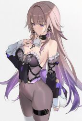 1girl ai-assisted ascot blunt_bangs breasts brown_hair brown_pantyhose cowboy_shot detached_sleeves gradient_hair groin hair_ornament herta_(honkai:_star_rail) high-waist_pantyhose highres honkai:_star_rail honkai_(series) jewelry key key_necklace leotard long_hair medium_breasts multicolored_hair necklace pantyhose poki_(j0ch3fvj6nd) purple_eyes purple_hair purple_nails sidelocks the_herta_(honkai:_star_rail) white_background x_hair_ornament