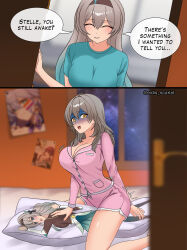 absurdres blush body_pillow breasts brown_hairband buttons cleavage closed_eyes eidis_scarlet firefly_(honkai:_star_rail) green_shirt grey_hair hair_between_eyes hair_intakes hairband highres honkai:_star_rail honkai_(series) kafka_(honkai:_star_rail) lesbian_flag open_mouth pajamas pillow pink_pajamas pocket poster_(object) robin_(honkai:_star_rail) see-through_cleavage see-through_clothes shirt smile speech_bubble stelle_(honkai:_star_rail) teeth trailblazer_(honkai:_star_rail) twitter_username upper_teeth_only window yellow_eyes