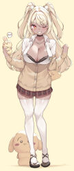 1girl absurdres black_bra black_choker blush bra breasts choker cleavage cloba collared_shirt dark-skinned_female dark_skin full_body highres jewelry large_breasts long_hair long_sleeves looking_at_viewer miniskirt mole mole_on_breast necklace one_eye_closed original plaid_clothes plaid_skirt shirt simple_background skirt smile solo standing thighhighs thighs twintails underwear white_thighhighs yellow_background