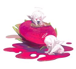 2others albino androgynous angel angel_wings bandaid chibi cleaning commentary_request dragon_fruit food food_on_face halo harrymiao highres juice long_sleeves multiple_others original outstretched_arms oversized_food oversized_object pale_skin cleaning_rag red_eyes seiza sidelocks simple_background sitting white_background white_hair white_wings wings