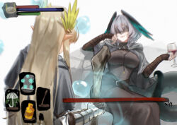 2girls absurdres alternate_costume anger_vein arknights belt black_belt black_capelet black_dress blonde_hair breasts capelet cosplay covered_eyes covered_navel cup dark_souls_(series) dark_souls_iii dress elf eye_mask fangs feathered_wings film_grain fire_keeper fire_keeper_(cosplay) gameplay_mechanics grey_capelet grey_hair head_wings highres ho&#039;olheyak_(arknights) holding holding_cup jewelry long_hair long_tail looking_at_another mask medium_hair muelsyse_(arknights) multiple_girls necklace parted_lips pointy_ears simple_background sitting snake_tail speech_bubble tail uof white_background wings