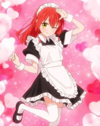 1girl anime_screenshot apron arm_up bocchi_the_rock! bow child collar collared_dress dot_nose dress flat_chest heart heart_background heart juliet_sleeves kita_ikuyo knee_socks long_sleeves maid maid_apron maid_headdress one_eye_closed pink_background puffy_sleeves red_hair shoes short_sleeves socks straight_hair thighhighs white_socks wink wrist_cuffs yellow_eyes zettai_ryouiki