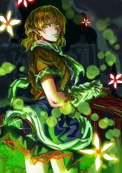 1girl absurdres arm_warmers black_skirt blonde_hair brown_shirt closed_mouth commentary cowboy_shot frown glaring green_eyes half_up_braid highres kuya_(hey36253625) looking_at_viewer looking_to_the_side mizuhashi_parsee pointy_ears railing scarf shirt short_hair short_sleeves skirt solo touhou white_scarf