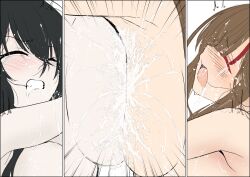 2girls absurdres black_hair blush breast_contest breast_milk breast_press breasts brown_hair catmito1412 clenched_teeth closed_eyes fubuki_(senran_kagura) highres lactation large_breasts multiple_girls open_mouth saliva senran_kagura senran_kagura_new_link symmetrical_docking tearing_up teeth toki_(senran_kagura) trembling