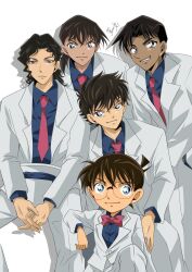 5boys artist_name black_hair blue_shirt bow bowtie collared_shirt dark-skinned_male dark_skin edogawa_conan formal_clothes glasses hattori_heiji highres iori_muga jacket kuroba_kaito long_hair looking_at_viewer male_focus meitantei_conan multiple_boys necktie okita_soushi_(meitantei_conan) pants paseri_(l7dgtxtsnlmfwlb) pink_bow pink_bowtie pink_necktie ponytail shirt short_ponytail simple_background suit white_background white_jacket white_pants white_suit