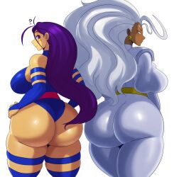 Rule 34 | 2girls, ?, absurdres, adjusting clothes, adjusting leotard, ass, ass focus, black eyes, black hair, blue leotard, bodysuit, breasts, curvy, dark-skinned female, dark skin, dated, earrings, eric lowery, feet out of frame, halter leotard, halterneck, hand on ass, hands on own hips, highleg, highleg leotard, highres, huge ass, impossible clothes, impossible leotard, jewelry, large breasts, leotard, leotard pull, lips, long hair, looking at viewer, looking back, marvel, multiple girls, psylocke, red sash, revealing clothes, sash, shiny clothes, shiny skin, skindentation, solo, standing, storm (x-men), thick thighs, thighs, thong, thong leotard, very long hair, wedgie, white bodysuit, wide hips, x-men
