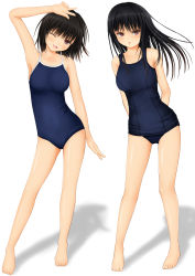 2girls :o ;d bare_arms bare_shoulders barefoot black_hair brown_eyes collarbone competition_school_swimsuit full_body highres kurokami_(kurokaminohito) long_hair multiple_girls old_school_swimsuit one-piece_swimsuit one_eye_closed open_mouth original school_swimsuit short_hair simple_background smile standing swimsuit