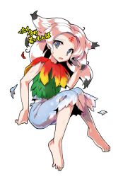 1girl alphes_(style) barefoot black_hair blue_eyes blue_skirt capelet colored_tips commentary_request dairi defeat facial_mark feather_capelet feathers flat_chest forehead forehead_mark fossilized_wonders full_body gradient_feathers green_leaf hand_up houjuu_chimi leaf_clothing leaf_shirt long_hair looking_at_viewer multicolored_hair open_mouth parody red_feathers shirt simple_background skirt sleeveless sleeveless_shirt solo style_parody sweatdrop tachi-e torn_capelet torn_clothes torn_skirt touhou translation_request transparent_background white_hair yellow_feathers