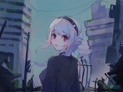 1girl black_hairband bow_hairband braid corrupted_twitter_file crying crying_with_eyes_open hair_ornament hair_over_shoulder hairband hairpin hashtag-only_commentary highres jacket kirifuji_nozomi long_hair looking_at_viewer looking_back multiple_hairpins outdoors purple_eyes ruins single_braid smile tears the_hundred_line_-last_defense_academy- twitter_username white_hair yihi