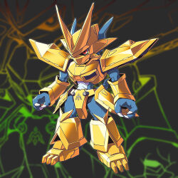 armor blue_skin blue_tail colored_skin degarashi_(ponkotsu) digimon digimon_(creature) dragon fewer_digits glint gold_armor gold_helmet grey_background magnamon midriff no_humans red_eyes shoulder_armor solo thumbs_up zoom_layer