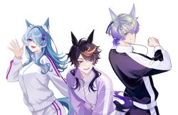 Rule 34 | 1girl, 2boys, absurdres, animal ears, black jacket, blue hair, blush, breasts, brown hair, claude clawmark, dress, elira pendora, eyewear strap, fins, fishnet gloves, fishnets, gloves, gradient eyes, grey overalls, hair over one eye, head fins, head wings, highres, horse boy, horse ears, horse girl, indie virtual youtuber, ive (iveith), jacket, kemonomimi mode, long hair, looking at viewer, male focus, mole, mole under mouth, multicolored eyes, multicolored hair, multiple boys, nijisanji, nijisanji en, one eye covered, open mouth, orange hair, overalls, piercing, purple eyes, short hair, shu yamino, simple background, streaked hair, sweater, tail, tongue piercing, tracen training uniform, track jacket, track suit, training, two-tone eyes, virtual youtuber, white background, white dress, white hair, white jacket, white sweater, wings