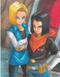 1boy 1girl 2017 android_17 android_18 artist_name bandana belt black_hair black_pants black_shirt blonde_hair blue_eyes brown_belt collarbone crossed_arms denim denim_skirt denim_vest dragon_ball dragonball_z earrings forehead jeans jewelry long_sleeves orange_bandana pants ravernclouk_design red_ribbon_army shirt short_hair siblings skirt smile traditional_media twins white_sleeves