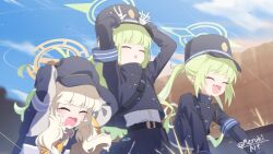 3girls aoba_(blue_archive) belt black_hat blonde_hair blue_archive blue_sky blush breasts camisole flat_chest gloves green_hair halo hat highres hikari_(blue_archive) jacket long_hair low_twintails meruki multiple_girls nozomi_(blue_archive) open_mouth orange_halo outdoors peaked_cap skirt sky train_conductor twintails white_gloves