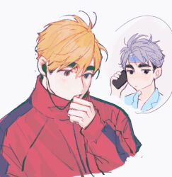Rule 34 | 2boys, :|, black eyes, blonde hair, blue shirt, brothers, cellphone, chinese commentary, closed mouth, cold pack, commentary request, cropped torso, earbuds, earphones, grey hair, haikyuu!!, hand up, holding, holding phone, jacket, linbeiyx, long sleeves, male focus, miya atsumu, miya osamu, multiple boys, parted lips, phone, popped collar, red jacket, shirt, short hair, siblings, simple background, smartphone, thick eyebrows, track jacket, twins, unamused, very short hair, white background