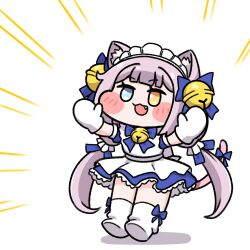 1girl alterkero alternate_costume animal_ear_fluff animal_ears bell blue_eyes blush_stickers boots cat_ears cat_girl cat_tail chibi emphasis_lines fang frilled_skirt frills grey_hair heterochromia highres last_origin layered_skirt long_hair low_twintails maid maid_headdress mittens neck_bell perrault_(last_origin) ribbon simple_background skirt solo_focus tail twintails very_long_hair yellow_eyes