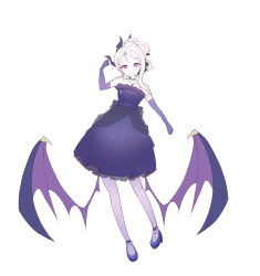 1girl ahoge blue_archive breasts demon_girl demon_horns demon_wings dress earrings full_body gloves highres hina_(blue_archive) hina_(dress)_(blue_archive) horns jewelry long_hair looking_at_viewer necklace official_alternate_costume official_alternate_hairstyle pantyhose pendant purple_dress purple_eyes purple_gloves simple_background small_breasts solo standing user_tzek8858 white_background white_hair wings