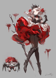 1girl absurdres black_boots black_crown black_pantyhose boots bug closed_mouth crown dress full_body highres holding holding_sword holding_weapon lala_barina_(monster_hunter_wilds) layered_dress long_hair loong_(loong_blo) mole mole_under_eye monster_hunter_(series) monster_hunter_wilds pantyhose personification red_dress red_eyes solo spider sword weapon white_dress white_hair