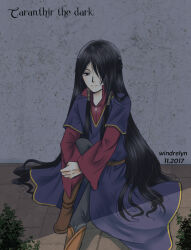 1boy 2017 artist_name black_eyes black_hair boots caranthir character_name closed_mouth collar dated elf english_text long_hair male_focus one_eye_covered plant pointy_ears prince shadow sitting solo the_silmarillion tolkien&#039;s_legendarium windrelyn
