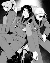 Rule 34 | 00a3af 231, 1girl, 2boys, armchair, chair, clark still, couch, crossed arms, crossed legs, greyscale, highres, insignia, jacket, leona heidern, long sleeves, mature male, military, military dress uniform, military uniform, monochrome, multiple boys, necktie, on couch, ponytail, ralf jones, sitting sideways, soldier, sunglasses, the king of fighters