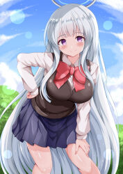 1girl black_skirt black_vest blue_archive blue_sky blunt_bangs bocchi_the_rock! breasts closed_mouth cloud commentary_request commission cosplay costume_switch day grey_hair halo hand_on_own_hip hand_on_own_knee highres ijichi_nijika ijichi_nijika_(cosplay) large_breasts long_hair mechanical_halo noa_(blue_archive) outdoors pixiv_commission pleated_skirt purple_eyes school_uniform shirt sidelocks skirt sky smile solo standing suzushiro_sayumi sweater_vest tree very_long_hair vest voice_actor_connection white_halo white_shirt xenon_(for_achieve)
